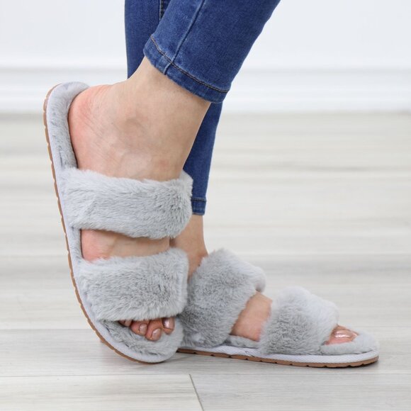 Grey Puff Fuzzy Furry Fluffy Slip On Plush Slippers Double Strap - Picture 9 of 13